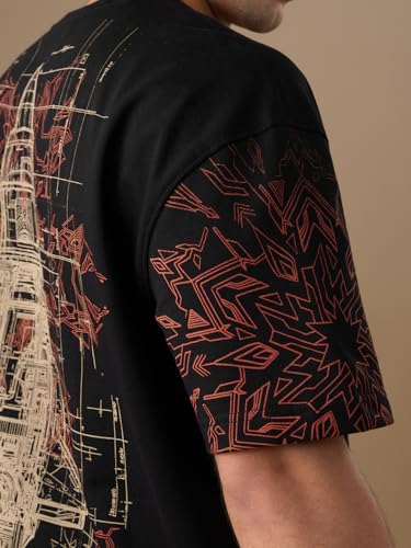 Image of The Souled Store Freedom: Brahmastra Men and Boys Short Sleeves Round Neck Black Graphic Printed and Embroidered Casualwear Cotton Oversized T-Shirt