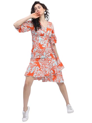 Image of Tokyo Talkies Women's Floral Midi Dress | A-line| V-Neck | Short Puff Sleeves & Playful Silhouette | Chic & Effortlessly Feminine