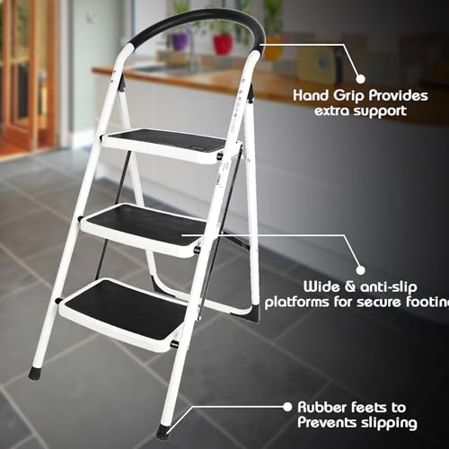 Image of Deli EDL509013 3-Step Iron Ladder with 670mm Height 360x270mm Anti-Slip Foot Cover Pedal Heavy Duty 150Kg Maximum Load Foldable Handgrip Stool for Household Office (1pc)