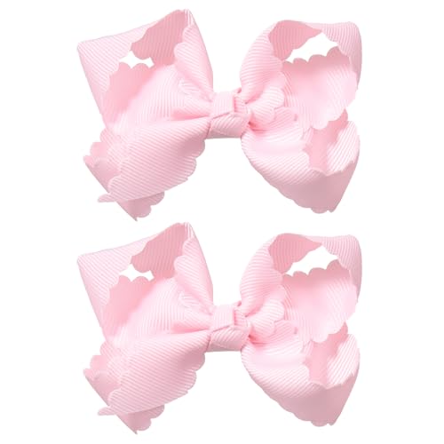 Pink Grosgrain Ribbon Scalloped Hair Bows for Girls 2Pcs 3 Small Cute Dressy Bow Alligator Clips Valentines Birthday Party Decor Accessories Gift for Toddlers Teens Baby School Kids