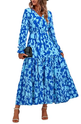 BTFBM Women Fall Dresses 2025 Casual Long Sleeve V Neck Maxi Dresses Floral Boho Long Dress Wedding Guest Dress