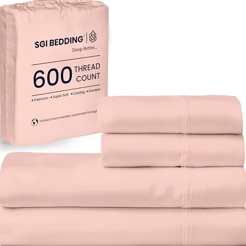 Image of SGI bedding Full XL Bed Sheets Set - Premium 600 TC Egyptian Cotton, Crisp & Cooling Sateen Weave, Extra Soft Hotel Collection, Fits Mattresses Up to 16 Inch Deep, Breathable & Long Lasting - Peach