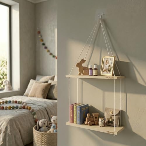 Image of No-Drill 2-Tier Wall Hanging Shelf | Elegant Boho Wall Decor for Plants and Home Decoration, Living Room, Bedroom & Balcony | Handwoven Art Piece