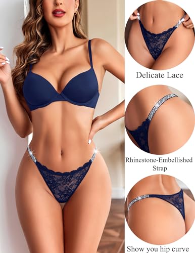 Image of Avidlove Lace Thongs for Women with Rhinestone-Embellished Strap Cheeky Underwear Sexy Panties 1-3 Pack