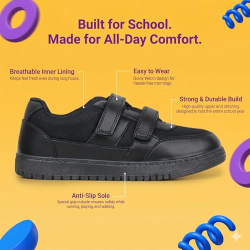 Image of ATHCO Scholar School Shoes Black for Boys & Girls| Soft Cushioned Memory Foam Heel Pad Support|Uniform Shoes | Lightweight | Velcroo |Easy Wear & Care|Padded Textured Heel Grip Lining | Breathable | All Day Comfort