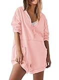 Yanekop Womens Oversized Romper Hoodie Jumpsuit V Neck Short Overalls Casual Long Sleeve Jumpers with Pockets(Peach,M), Medium