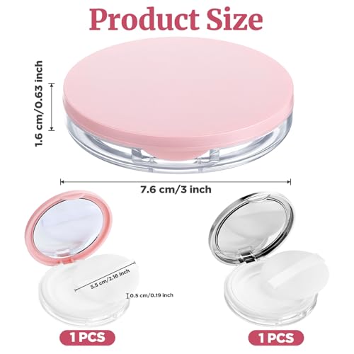 2 Pcs Loose Powder Container with Puff, 0.18 oz Refillable Empty Powder Compact Portable Empty Makeup Powders Travel Container with Mirror and Elasticated Net Sifter for Women (Pink Silver)2