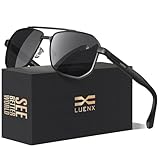 LUENX Men's Aviator Sunglasses Square Polarized Polygon Driving UV 400 Protection 61mm-Black Lens Black Glossy Temple