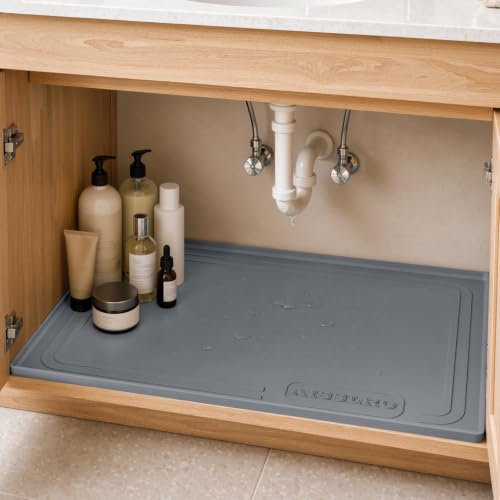 Waterproof Under Sink Mat 28"x19", Silicone Mat, Dark Gray | BPA-Free Shelf Liner, Raised Edge Traps Spills & Leaks, Bathroom, Kitchen Cabinet, for Boots, Pets, Home Essentials Organizer