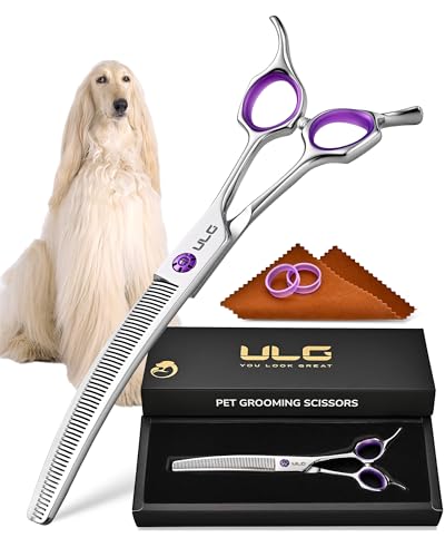 ULG 7.5” Dog Grooming Thinning Shears – 30° Curved Pet Thinning Scissors, Japanese 440C Stainless Steel, 60 V-Shaped Teeth, 25% Thinning Rate, Reversible Butterfly Handles, for Face, Nose, Eyes & Coat