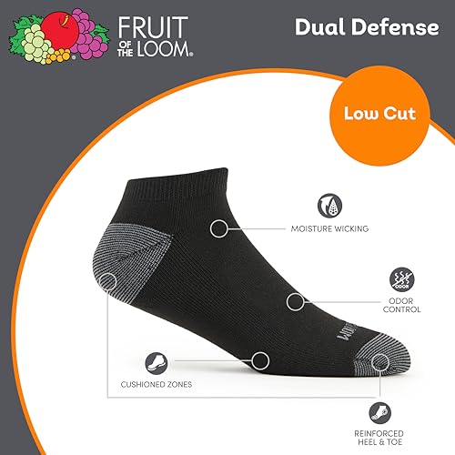 Image of Fruit of the Loom Men's Dual Defense Low Cut Socks, Odor Protection with Half Cushion, Multi-Packs