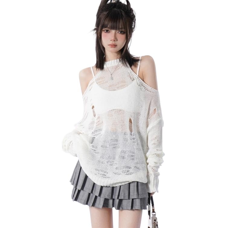 Y2k Aesthetic Fairy Grunge Sexy Pullover Sweater Women White Streetwear Long Sleeve Crochet Kniited Tops2