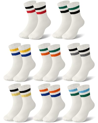 Image of Halfchet 8 Pairs Striped Crew Socks for Women Retro Cotton Athletic Mini Crew Socks with Stripes for Tennis Running Sports