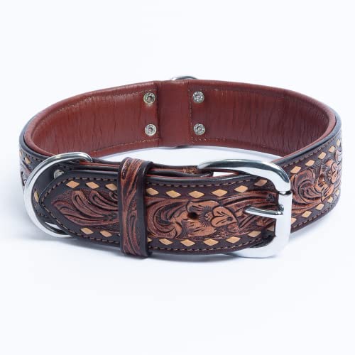 Genuine Top Grain Leather Western Tooled Dog Collar | Handmade | Buck-Stitched, Two Tone Finish | Padded Dog Collar | Brass & Stainless Steel Hardware | Tucson Collection By Angel Pet Supplies #TOP3