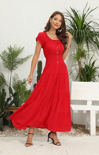 Image of OSTOO Women's Floral Maxi Dress Boho Summer Short Sleeve Smocked Waist Tiered Long Dress