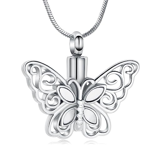 Minicremation Cremation Jewelry for Ashes Memorial Keepsake for Beloved's Ashes Urn Pendants Butterfly Cremation Necklace for Ashes (Silvery)