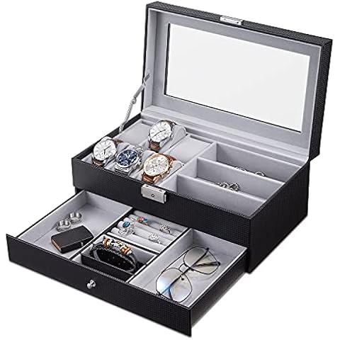 KILHS Faux Leather Multifunctional Watcg Boxes,Glasses Storage Box,Jewelry Organiser Boxes with a Drawer and Clear glass top for display Storage Boxes for Men Women Black Cover