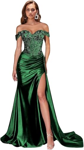 Spaghetti Straps Mermaid Slit Prom Dresses 2025 Beaded Long Satin Formal Evening Gowns for Women