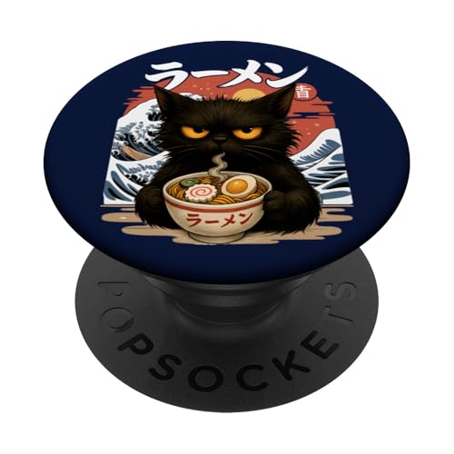 Kawaii Cat Mangeant Ramen Nouilles Anime Great Wave Kanagawa PopSockets PopGrip Adhésif