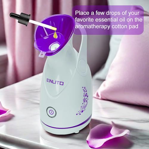 Image of Nano Ionic Facial Steamer KINLITO Facial Steamer with Warm Mist Portable Face Humidifier for Deep Cleaning Unclog Pores with Blackhead Remover, Aromatherapy Kit for Personal Home SPA (Purple)