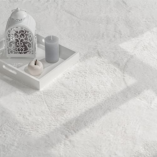 Paco Home Teppich Wohnzimmer Schlafzimmer Kunstfell Shaggy Hochflor Flauschig Soft Einfarbig Weiß, Grösse:140x200 cm