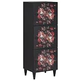 XHNIFBN Highboard Bunt 40x33,5x110cm Massivholz Mango - Farbiger Stauraumschrank mit Blumenmuster und Messingknöpfen, Kommode Schmal mit 3 Türen für Wohnzimmer und Medienaufbewahrung