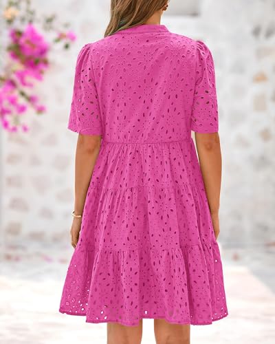 Image of BTFBM Womens Boho Summer Dresses 2026 Spring V Neck Short Sleeve Hollow Out Lace Ruffle Casual Beach Mini Vacation Dress