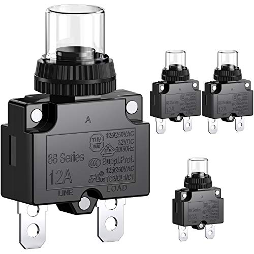CLDIY Disjoncteur 12A avec protection thermique surcharge 88 Series bouton manuel réinitialisation bornes connexion rapide capuchon étanche 32V CC ou 125/250VAC 4 pièces
