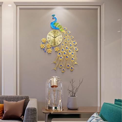 Image of Large Peacock Wall Clock 31.5 inch Metal Design Non-Ticking Silent Art Digital Wall Clocks for Living Room Decor Gold