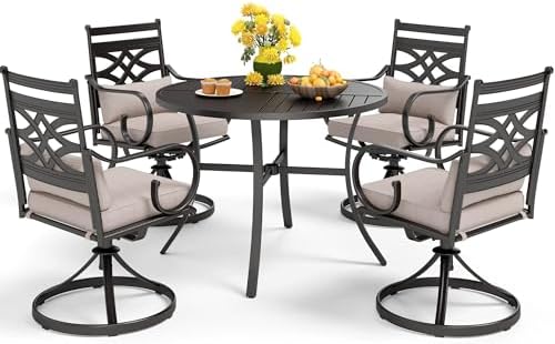 MFSTUDIO Patio Dining Sets for 4, Round Patio Table and Chairs Set with Umbrella Hole, 5 Piece Patio Furniture Set Outdoor Dining Set for Deck, Poolside, Backyard, Garden MFSTUDIO Patio Dining Sets for 4, Round Patio Table and Chairs Set with Umbrella Hole, 5 Piece Patio Furniture Set Outdoor Dining Set for Deck, Poolside, Backyard, Garden