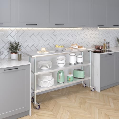 Image of AmGood Stainless Steel Work Table with 2 Shelves and Casters | Metal Utility Table On Wheels (Stainless Steel Work Table with 2 Shelves + Casters, 60 inch Long x 18 inch Deep)