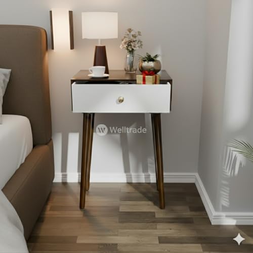 Image of Shoppee Wooden Antique 1- Drawer Wood Side Table Accent End Table for Living Room Solid Wood Leg Classic Bedside Table Nightstand for Bedroom (Walnut & White)