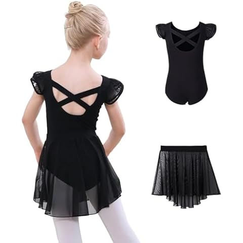 DIPUG Girls Ballet Leotards Toddler Dance Leotard with Removable Skirt Combo Flutter Sleeve Criss Cross Back Black 8 9 10 L Cover
