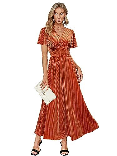 Image of Simplee Women's V Neck Velvet Maxi Dress Short Sleeve Empire Waist Long Formal Dress for Wedding Guest