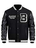 SS-Sunrise Fashion Men's Varsity Jacket, Letter Embroidery, Faux Leather Sleeves, Quilted Lining, Striped Trim (Medium, Black)