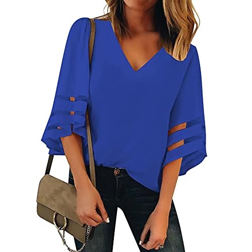 luvamia Women's Casual V Neck Blouse 3/4 Bell Sleeve Mesh Panel Shirts Loose Top Small C Lapis Blue