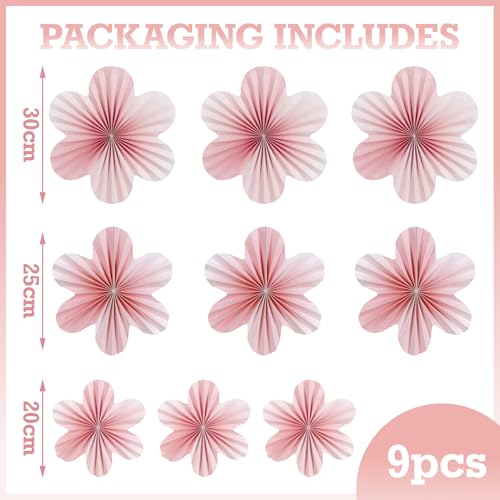 Image of SUNBEAUTY 9 PCS Pink and Cherry Blossom Party Decorations Pink Paper Fans Decor Sunset Party Floral Backdrop Decoration Hanging Paper Flowers for Wall Birthday Wedding Baby Shower Supplies