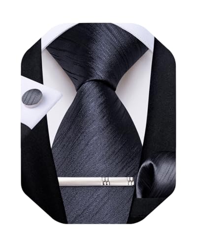 Image of DiBanGu Mens Silk Necktie Solid Color Tie and Pocket Square Cufflink Tie Clip Set Woven Plain Ties for Men Wedding Party