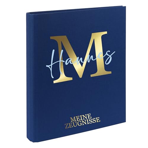 AWASG Zeugnismappe Kinder mit Namen personalisiert | Dokumentenmappe Buchstabe Initiale für Mädchen Jungen | Zeugnisordner Leinen zum Einsortieren von Urkunden (Navy)