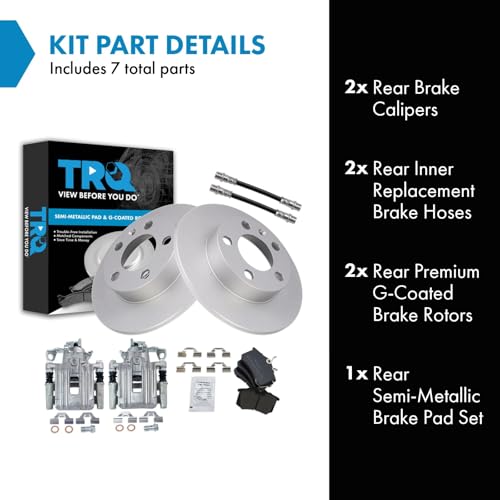 Image of TRQ Rear Brake Pad and Rotor Set Semi Metallic Coated Rotors Calipers Compatible with 1999 Volkswagen Jetta
