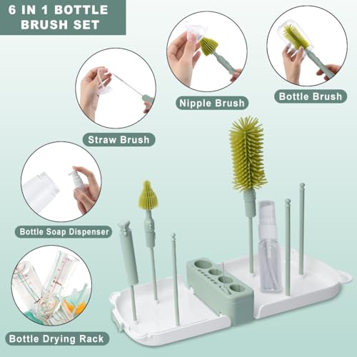Image of TONY STARK Baby Non-Toxic, Bottle Cleaning Brushes Set with Stand for Baby Milk Bottle, Nipple, Straw,Silicone Bristle Bottle Cleaner Brush for Movable Cleaning (Willow Bear (Green))