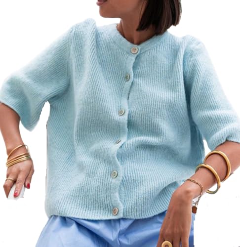 Image of Women Knitted Crop Cardigan Blouse Short Sleeve Button Down Sweater Shirt Y2k Open Front Cardigan Top Streetwear