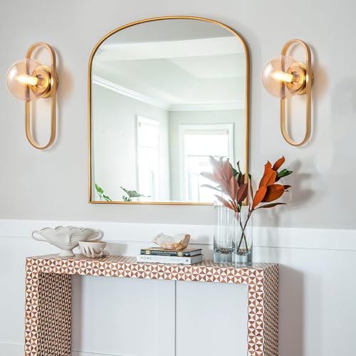Image of Bektas Gold Wall Lamp Sconces Set of 2 with Amber Globe Glass Shade - Wall Lights for Living Room & Bedrooms ETL Listed