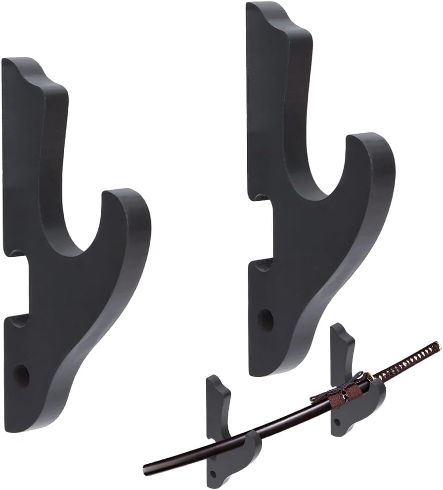 GORGECRAFT 2pcs Sword Wall Mount 1-Tier Padded Hooks Katana Holder Black Wood Sword Display Hanger Adjustable Stand for All Samurai Light Saber Cosplay Blade Tanjirou Demon Slayer Rack