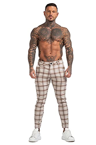 Gingtto Khaki Pants Mens Stretch Waist Slim Fit Plaid Dress Pant Skinny Leg(Khaki Plaid,36) #TOP6