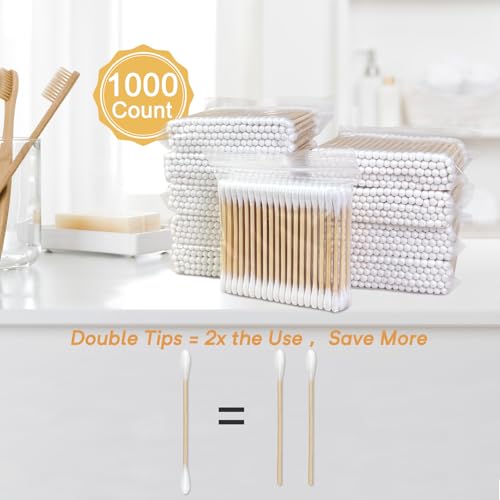 Image of Bamboo Cotton Swabs, Soft Lint-Free Double Tips, 1000 Count Storage Box | Rounded Tips Feel Gentle For Outer Ear Care, Face Cleaning, Skincare, Daily Touch-ups
