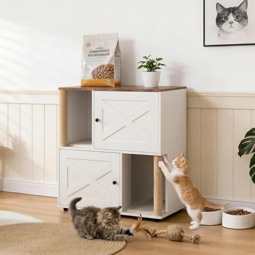 Cat Litter Box Enclosure for 2 Cats – 80x50x88cm Wooden Cat House Side End Table with Scratching Posts and Double-Layer Mat, Hidden Litter Box Furniture for Bedroom & Living Room (White)