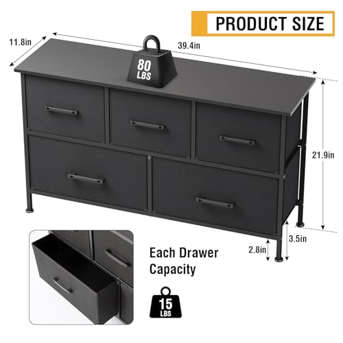 PayLessHere Fabric Dresser,Wide Chest of Drawers Storage Unit with Metal Frame and Wood Top,Organizer for Bedroom,Living Room,Entryway (5-Drawer, Black)
