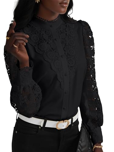 Rooscier Blusa elegante de encaje de ganchillo con cuello alto y botones de manga larga para mujer, Sólido Negro, XXL