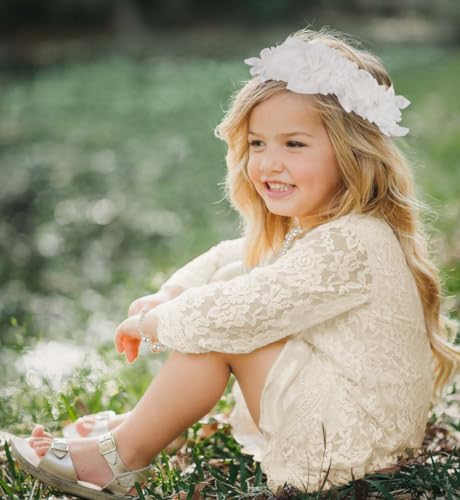 Girls Flower Lace Fall Dress - Toddler Easter Dresses with Headband Pearl Jewelry Set Kids Boho Dress for Wedding Size 7-84